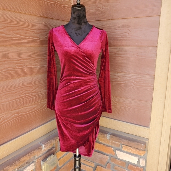 Guberry Dresses & Skirts - Guberry Burgundy Red Velvet Faux Wrap Ruched Long Sleeve Stretchy Plunge Dress